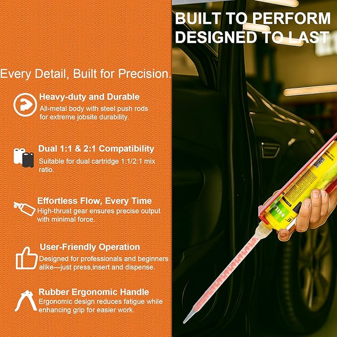 Epoxy Gun Dual Component 400ml ??Manual 1:1 & 2:1 Ratio Adhesive Applicator for Epoxy, Urethane, Acrylic,High-Thrust 2-Part Adhesive Gun for Panel Bonding, Structural & Plastic Repair,Orange