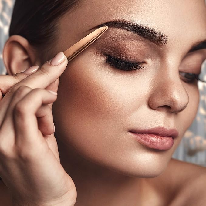 Professional Slanted Tweezers for Women and Men | High Carbon Stainless Steel Sharp Tweezer | Tweezers for Women Facial Hair Plucking, Hand-Filed & Aligned Precision Tips - Rose Gold