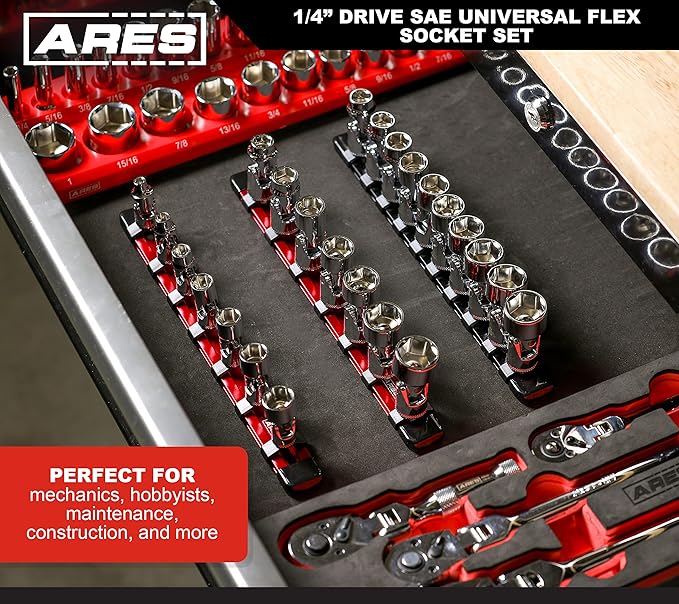 ARES 39014 ??7-Piece 1/4-Inch Drive SAE Universal Flex Socket Set ??6-Point Sockets from 3/16-Inch to 9/16-Inch - Universal Joint Flex Design For 360 Degree Access ??High Visibility Laser Markings
