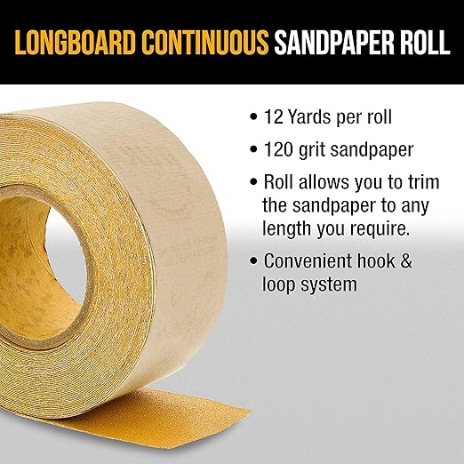Dura-Gold Premium - 120 Grit Gold - Hook & Loop Backing Longboard Continuous Sandpaper Roll, 2-3/4" Wide, 12 Yards Long - For Automotive & Woodworking Air File Long Board Sanders, Hand Sanding Blocks