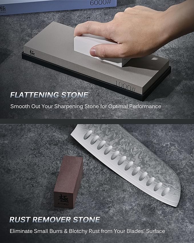 KYOKU Sharpening Stone Whetstone Kit, Knife Sharpening Set with 1000 & 6000 Grit Knife Sharpener Stones, Professional Japanese Whetstone Bundle with Nonslip Rubber Mat Rust Remover Flattening Stone