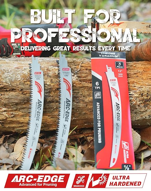EZARC Japanese Teeth Reciprocating Saw Blades 12 Inch, Arc Edge Wood Pruning Saw Blades 6TPI for Tree Trimming, Wood Cutting, 3 Pieces