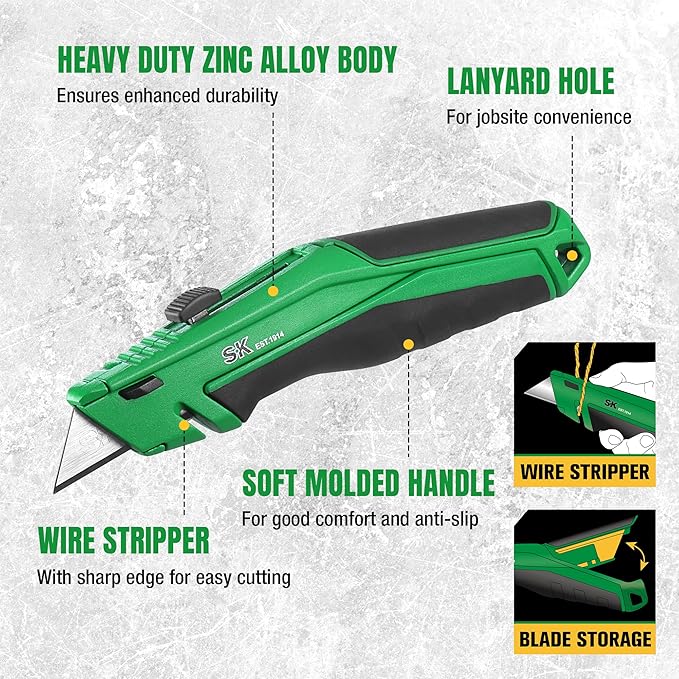SK Retractable Utility Knife with Additional Wire Cutter, Quick Change Box Cutter, Heavy Duty Zinc Alloy, Blade Storage in Handle, Extra 4 SK2M Blades Included