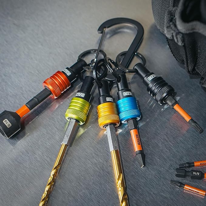 Railer Bit Holder Keychain 5pc - 1/4 inch Hex Shank Bit Holders - Quick-Change Design for Nut Driver, Screwdriver & Drill Bits, Include Keychain Carabiner (Multi-Color)
