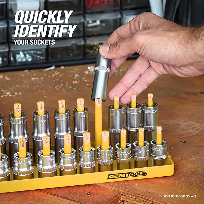 OEMTOOLS 22238 6 Piece SAE and Metric Socket Tray Set, SAE and Metric Socket Storage for Sizes 1/4", 3/8?? and 1/2" Drive, Socket Holders and Socket Organizer Tray for Toolbox, Black and Yellow
