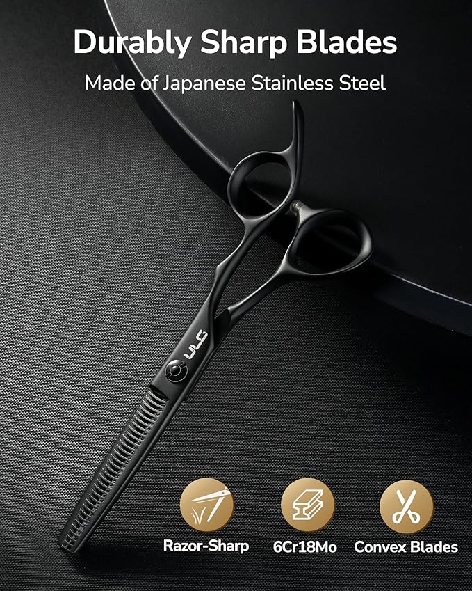 ULG Seamless Thinning Scissors ??Professional Stainless Steel, Teflon Coated, Ergonomic Offset Handles, Precision Serrated Blades for Natural Hair Thinning and Layering, Ideal for Stylists and Barbers