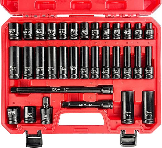 33pcs 1/2" Impact Socket Set (8-22mm), Metric Socket Set, Cr-V Steel, 6 Point Deep & Shallow Sockets, with 5" 10" Extension Bars and 1/2" Universal Joint