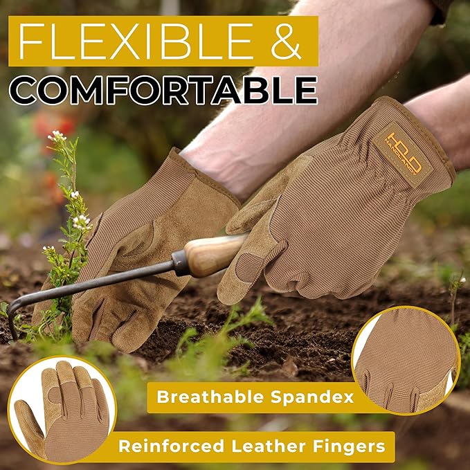 HANDLANDY Men Leather Gardening Gloves, Utility Work Gloves for Mechanics, Construction, Driver