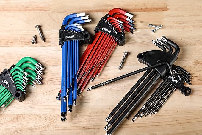 ARES 70164-13-Piece SAE Long Arm Ball End Hex Key Wrench Set - Chrome Finish with Red High Visibility Anti-Slip Coating - Convenient Storage Case Included
