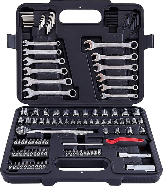 MECHMAX 121 Piece Mechanic Tool Set, 1/4 & 3/8 Inch Drive Metric & Standard Socket Wrench Kit, for General, Home, Car, Mechanics, Automotive Repair Tool Kit and as A Gift