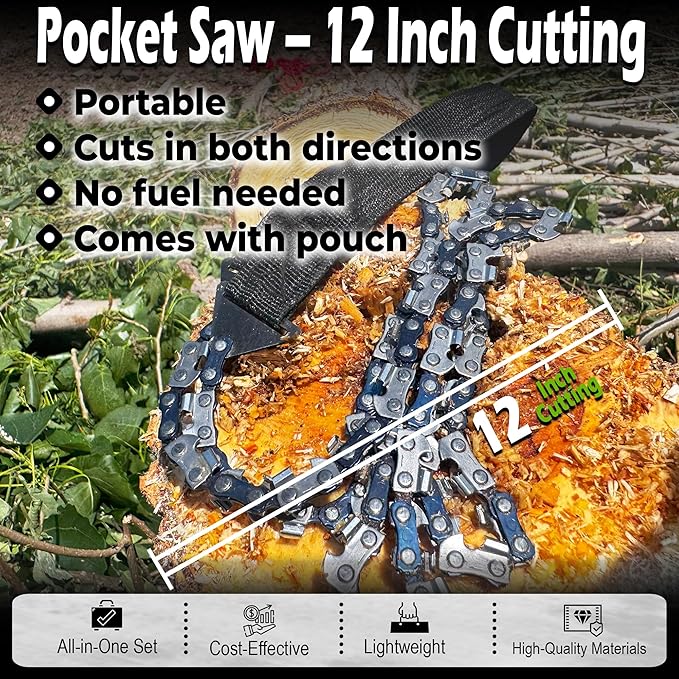 36 Inch Pocket Chainsaw Survival Kit ??Hand Chain Cutting Tool with Wire Cutter, Sharpening File & Storage Box for Camping, Hiking & Outdoor Tree Work