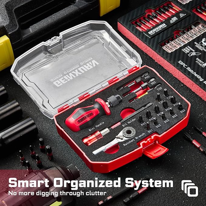 18 Pieces Tool Kit with Matching Storage Box, Include 1??2??S2 Steel Magnetic Screwdriver Bits (Phillips/Square/Torx), Mini Bit Handle, Mini Rachet Wrench, Bit Holder for Home Repairs
