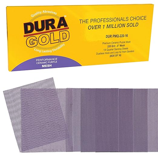 Dura-Gold Premium 220 Grit 1/4 Sheet Size Purple Ceramic Mesh Sandpaper, Box of 16-4.5" x 5.5" Dustless Hook & Loop Backing, Palm Sanders, Sanding Blocks - Long-Lasting Fast Cut - Woodworking, Auto