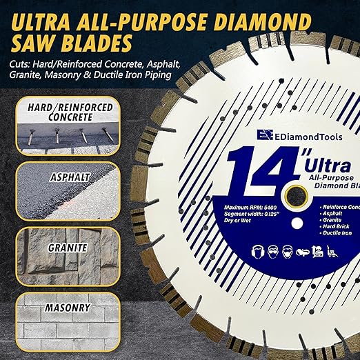 14" Ultra All Purpose Diamond Saw Blades for Hard/Reinforced Concrete, Asphalt, Granite, Terrazzo, Ductile Iron Piping, 4-5/8" Cutting Depth, 1" Arbor