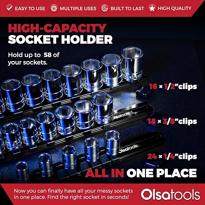 Olsa Tools Socket Organizer Set (3pc, Black) - Socket Holder and Socket Rail for 1/2-Inch, 3/8-Inch, and 1/4-Inch Drive Sockets - Holds 58 Chrome or Impact Sockets - Professional-Grade - Part: 1023