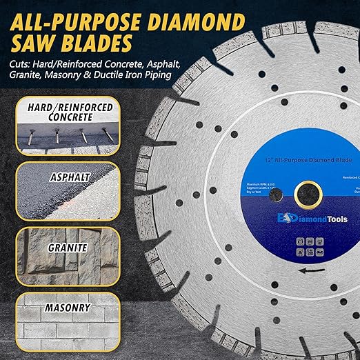 12" All Purpose Diamond Saw Blades for Hard/Reinforced Concrete, Asphalt, Granite, Terrazzo, Ductile Iron Piping, 3-5/8" Cutting Depth, 1" Arbor, 3 Pack