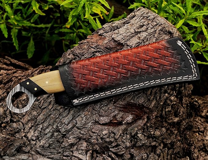 Handmade Damascus Steel Hawkbill Knife with Leather Sheath, Professional Lineman's Utility Blade for Wire Skinning, (G10)