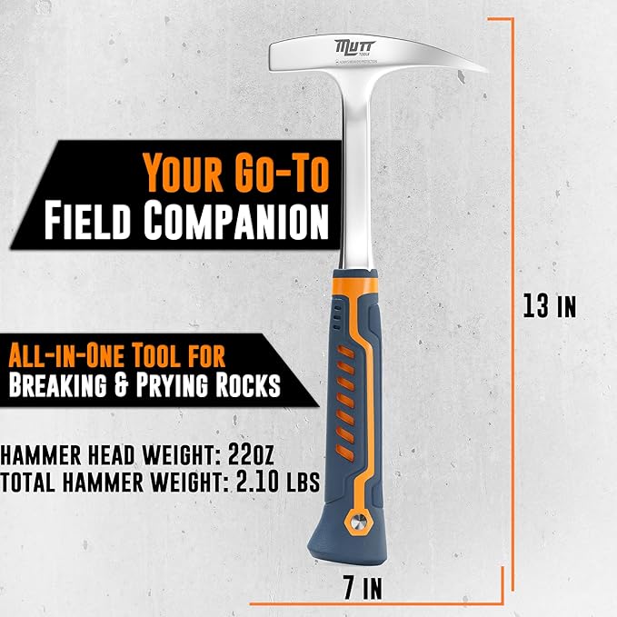 Mutt Tools 22oz Professional Rock Hammer - Geology Pick for Rockhounding, Fossil Hunting and Masonry - Geologist Rock Pick Hammer for Breaking Stone and Geodes