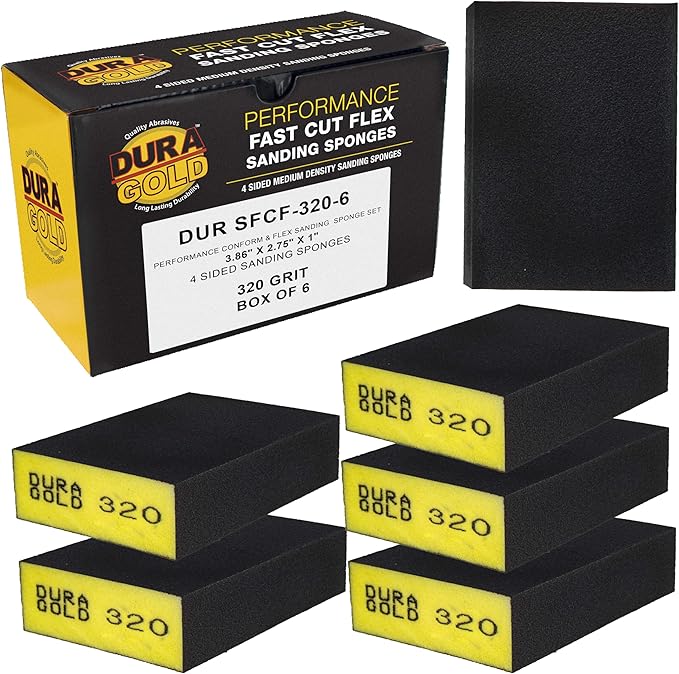 Dura-Gold 320 Grit 4-Sided Hand Sanding Block Sponges, Box of 6 - Performance Flex 3.9" x 2.75" x 1" Wet or Dry Flexible Sandpaper Abrasive Brick Pads, Reusable - Sand Wood, Drywall, Metal, Auto Paint