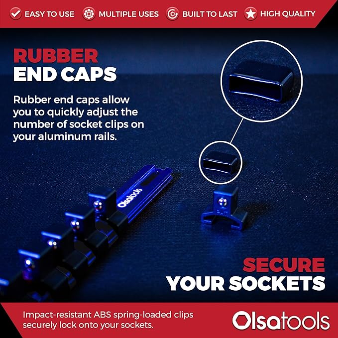 Olsa Tools Socket Organizer - 1/2-Inch Drive Socket Holder Rail - Blue Aluminum Socket Rail, Stores 16 Impact or Chrome Sockets - Professional Grade Metric or SAE Socket Organizer - Part: 1015