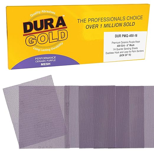 Dura-Gold Premium 400 Grit 1/4 Sheet Size Purple Ceramic Mesh Sandpaper, Box of 16-4.5" x 5.5" Dustless Hook & Loop Backing, Palm Sanders, Sanding Blocks - Long-Lasting Fast Cut - Woodworking, Auto