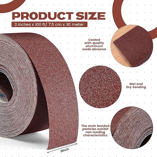 80 Grit Abrasive Sandpaper Roll 3''x100 ft Long Emery Cloth Sand Paper Roll Aluminum Oxide Sanding Belt for Drum Sander Sandpaper Continuous Wood Furniture Wet and Dry Sanding