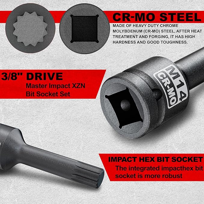 3/8" Drive Master Impact XZN Bit Socket Set, 7-Pieces: M5 - M14, Cr-Mo Steel, Heavy Duty Storage Case