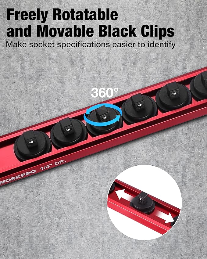 WORKPRO Magnetic Socket Organizer Set, 1/2" 3/8" 1/4" Drive Aluminum Alloy Socket Holder with Removable Socket Clips for Quick Customization, 6PC Socket Rail for Tool Box Drawer (Sockets Excluded)