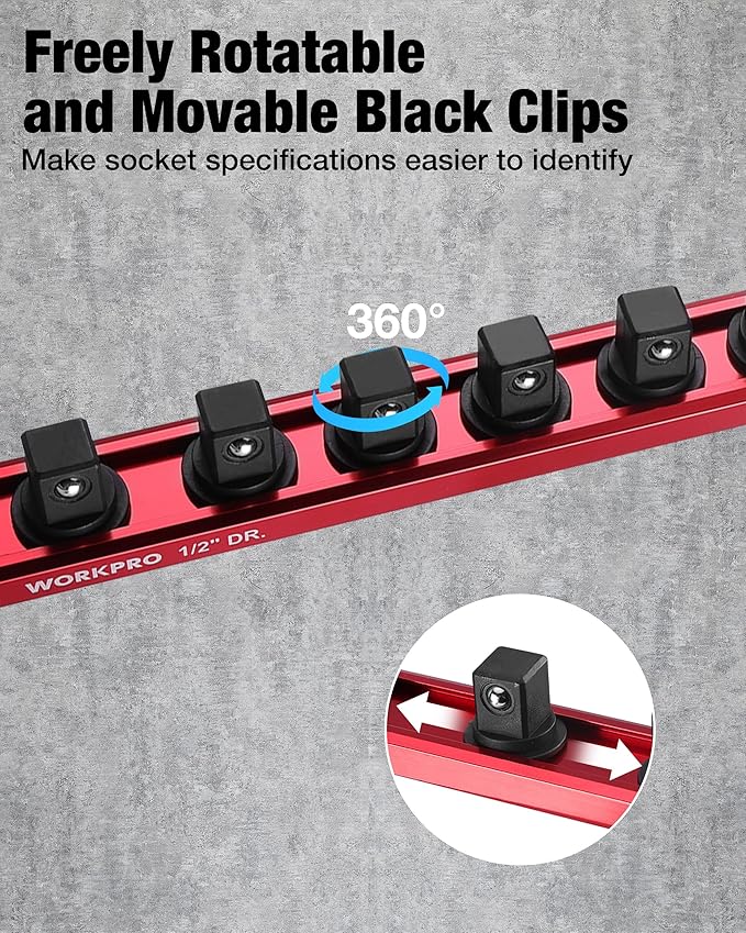 WORKPRO Magnetic Socket Organizer, 1/2" Drive Aluminum Alloy Socket Holder with 10 PC Removable Socket Clips for Quick Customization, Socket Rail for Tool Box Drawer (Sockets Not Included)