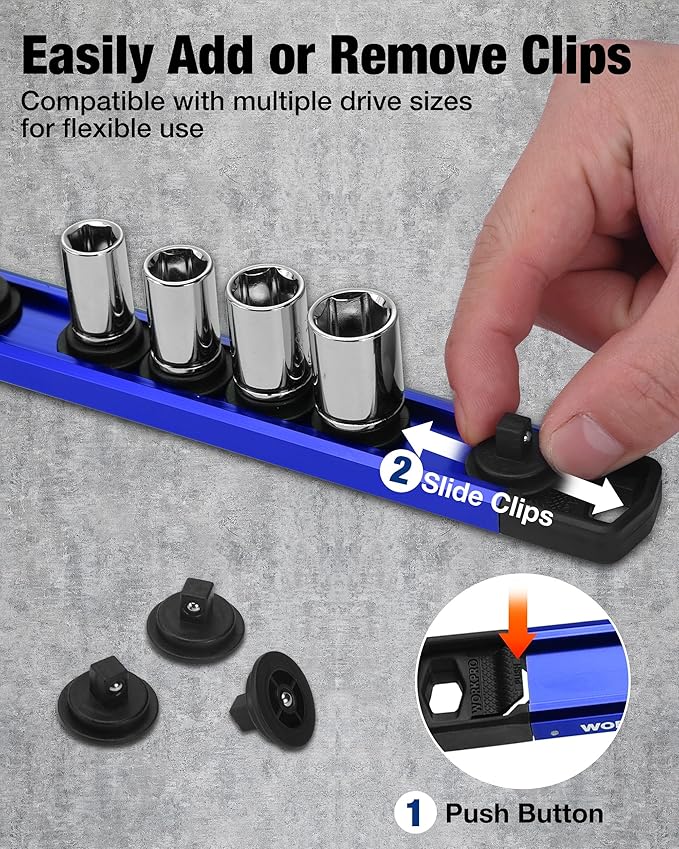 WORKPRO Magnetic Socket Organizer, 1/4" Drive Aluminum Alloy Socket Holder with 12PC Removable Socket Clips for Quick Customization, Socket Rail for Tool Box Drawer (Sockets Not Included)