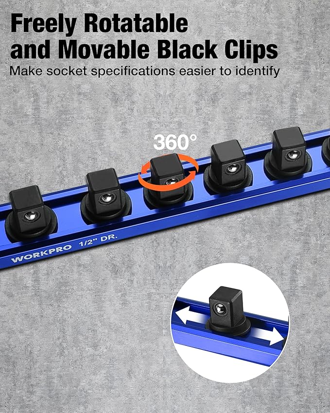 WORKPRO Magnetic Socket Organizer, 1/2" Drive Aluminum Alloy Socket Holder with 10PC Removable Socket Clips for Quick Customization, Socket Rail for Tool Box Drawer (Sockets Not Included)