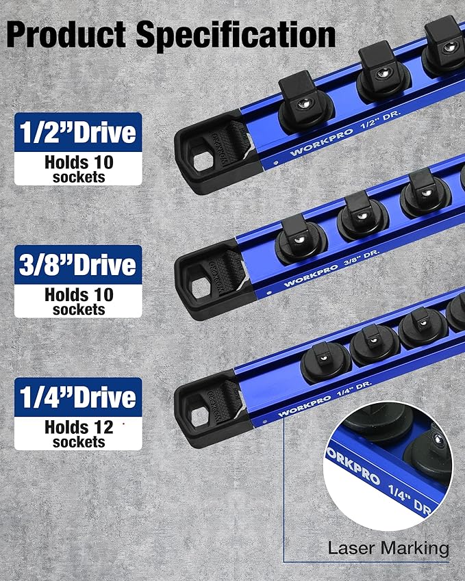 WORKPRO Magnetic Socket Organizer Set, 1/2" 3/8" 1/4" Drive Aluminum Alloy Socket Holder with Removable Socket Clip for Quick Customization, 3PC Socket Rail for Tool Box Drawer (Sockets Excluded)