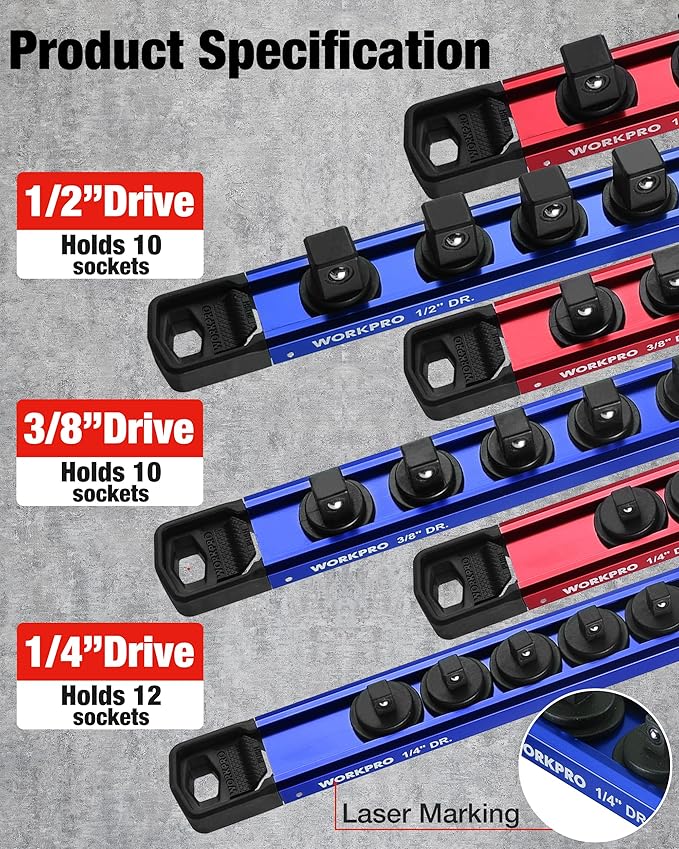 WORKPRO Magnetic Socket Organizer Set, 1/2" 3/8" 1/4" Drive Aluminum Alloy Socket Holder with Removable Socket Clips for Quick Customization, 6PC Socket Rail for Tool Box Drawer (Sockets Excluded)