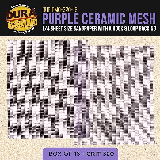 Dura-Gold Premium 320 Grit 1/4 Sheet Size Purple Ceramic Mesh Sandpaper, Box of 16-4.5" x 5.5" Dustless Hook & Loop Backing, Palm Sanders, Sanding Blocks - Long-Lasting Fast Cut - Woodworking, Auto