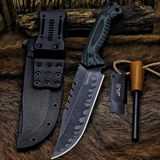 BA-KOR 12.4in Full Tang Fixed Blade Hunting Knife – 6mm 9CR18MoV Steel, G10 Handle, Stonewashed Sawback Blade with Kydex Sheath & Fire Starter for Outdoor, Camping, Survival (Green and black stripes)