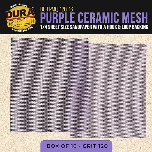 Dura-Gold Premium 120 Grit 1/4 Sheet Size Purple Ceramic Mesh Sandpaper, Box of 16-4.5" x 5.5" Dustless Hook & Loop Backing, Palm Sanders, Sanding Blocks - Long-Lasting Fast Cut - Woodworking, Auto