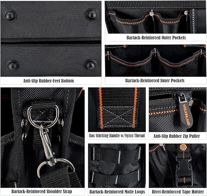 WELKINLAND 19-POCKETS Tool tote, HVAC tool bags organizer, Heavy-Duty electrician tools bag, Tool tote bag w/socket organizer tool boxes, Stay-Up maintenance tools bags