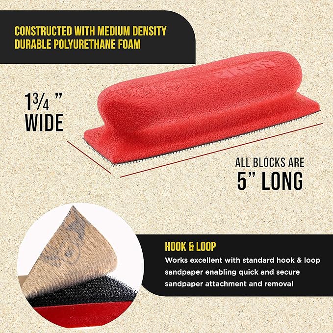 Dura-Gold Pro Series Rectangle 5" x 1-3/4" Hand Sanding Block Base Handle with Hook & Loop Backing, 2 Pack - Attach Pad to Contoured 5" Sanding Blocks Sandpaper - Sand Wood Woodworking Furniture Paint