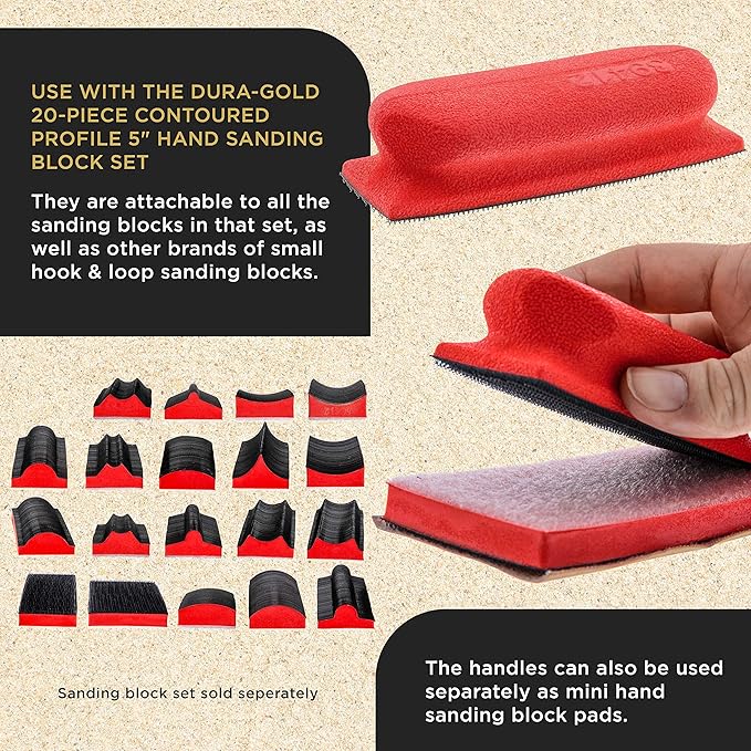 Dura-Gold Pro Series Rectangle 5" x 1-3/4" Hand Sanding Block Base Handle with Hook & Loop Backing, 2 Pack - Attach Pad to Contoured 5" Sanding Blocks Sandpaper - Sand Wood Woodworking Furniture Paint