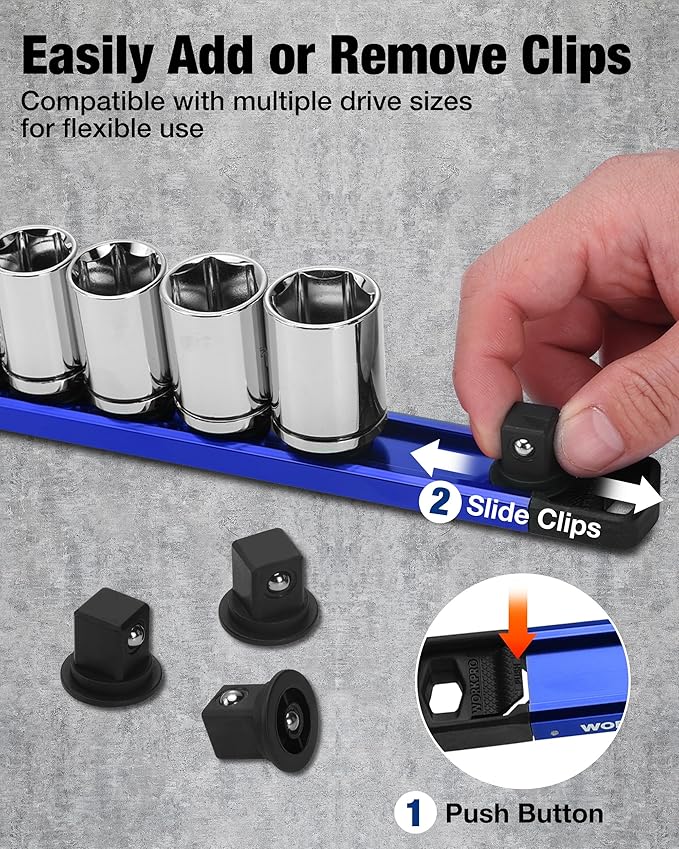WORKPRO Magnetic Socket Organizer, 1/2" Drive Aluminum Alloy Socket Holder with 10PC Removable Socket Clips for Quick Customization, Socket Rail for Tool Box Drawer (Sockets Not Included)