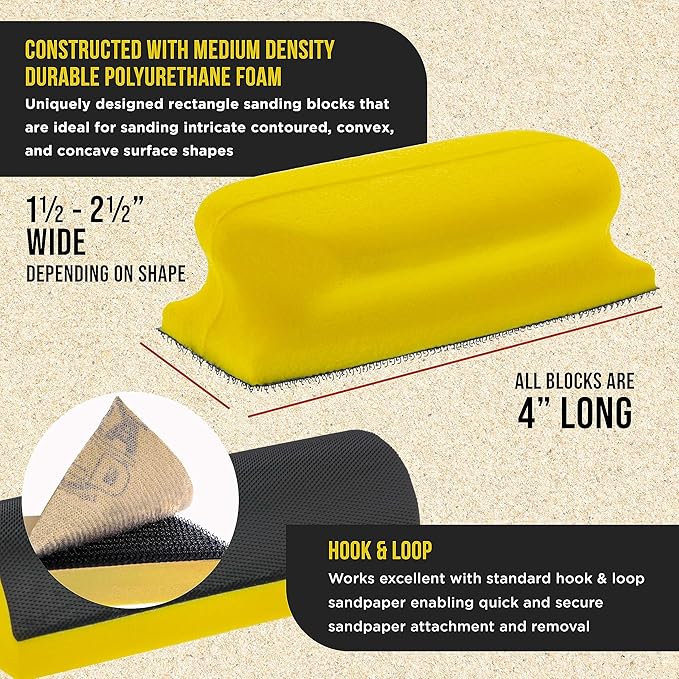 Dura-Gold 12-Piece Contoured Profile 4" Hand Sanding Block Set with 40 Sheet Hook & Loop Sandpaper Kit - Interchangeable Assorted Convex & Concave Shapes - Sand Wood Woodworking Furniture, Auto Paint