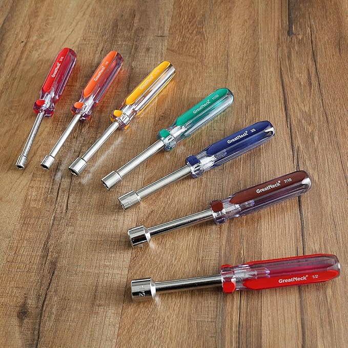 Great Neck ND72 7-Pc SAE Nut Driver Set, Nut Drivers for Automotive, Mechanical, and DIY Projects, Chrome Vanadium Steel, Acetate Color-Coded Handles, Rust-Resistant, ANSI Rated Tools