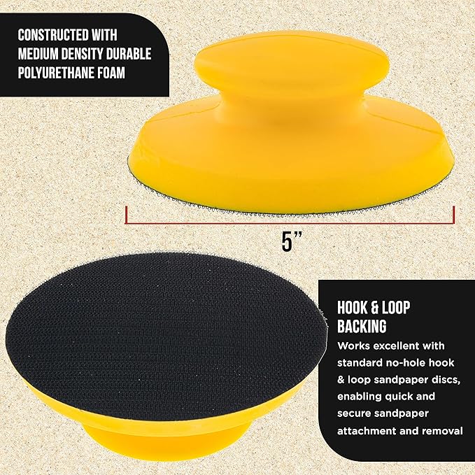 Dura-Gold Pro Series 5" Round & Mouse-Shaped Hand Sanding Block Pads for Hook & Loop and PSA 5" DA Sanding Discs - 2-Way Adapter Pad to Use PSA Sandpaper - Automotive Sand Polish Woodworking Furniture