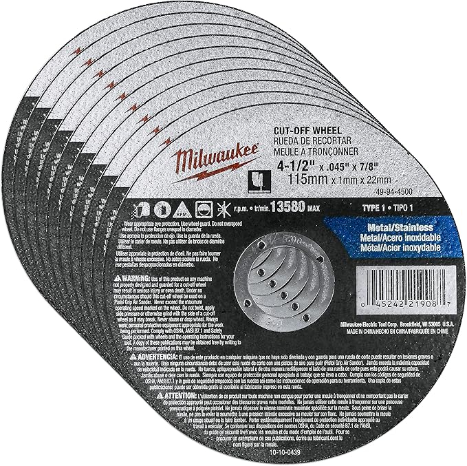 Milwaukee 10 Pack - 4 1 2 Cutting Wheels For Grinders - Aggressive Cutting For Metal & Stainless Steel - 4-1/2" x .045 x 7/8-Inch | Flat Cut Off Wheels