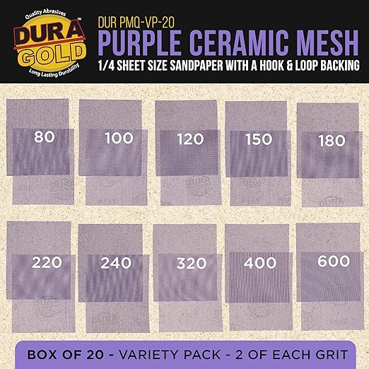 Dura-Gold Premium 1/4 Sheet Size Purple Ceramic Mesh Sandpaper, 20 Sheet Variety Pack, Grits 80, 100, 120, 150, 180, 220, 240, 320, 400, 600 - Dustless Hook & Loop Backing, Palm Sanders, Sanding Block