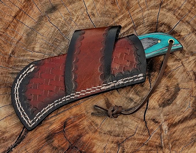 Damascuss Steel Lineman's Hawkbill Knife, Fixed Blade Full Tang, Turquoise Handle with Leather Sheath Electrician skinning knife for professional