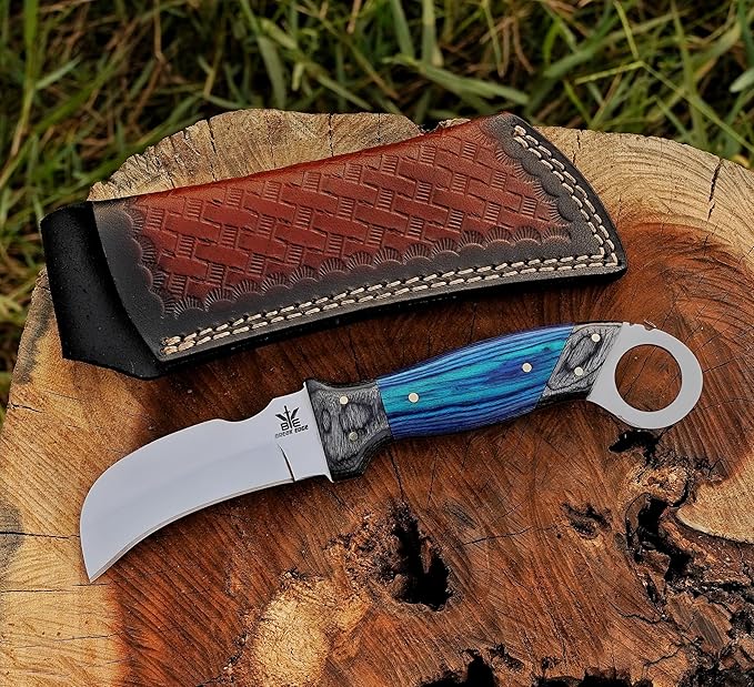 Handmade StainlessSteel Lineman’s Hawkbill knife with Leather sheath, Heavy Duty Utility Knife blade Electrician Wire Skinning knife for professional.