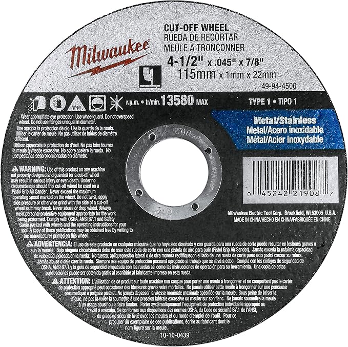 Milwaukee 10 Pack - 4 1 2 Cutting Wheels For Grinders - Aggressive Cutting For Metal & Stainless Steel - 4-1/2" x .045 x 7/8-Inch | Flat Cut Off Wheels