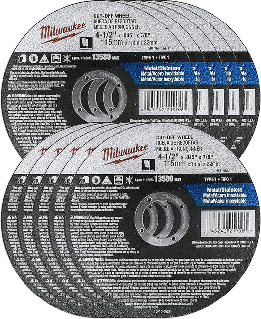 Milwaukee 10 Pack - 4 1 2 Cutting Wheels For Grinders - Aggressive Cutting For Metal & Stainless Steel - 4-1/2" x .045 x 7/8-Inch | Flat Cut Off Wheels