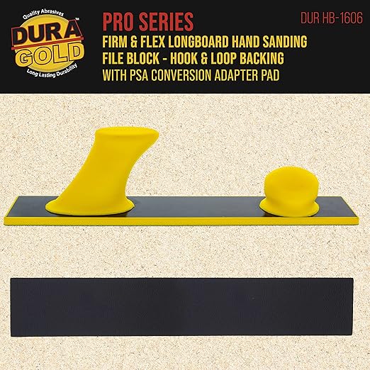 Dura-Gold Pro Series Firm & Flex Longboard Hand Sanding File Block, Hook & Loop Backing & PSA Adapter Pad - Use Continuous Rolls or Sandpaper Sander Sheets - Flexible Sand Contoured Surface, Auto Wood